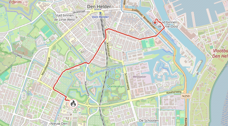 Kaart van de omgeving van de melding, met de kazerne die is gealarmeerd