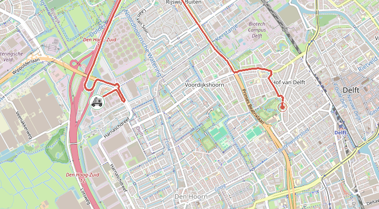 Kaart van de omgeving van de melding, met de kazerne die is gealarmeerd