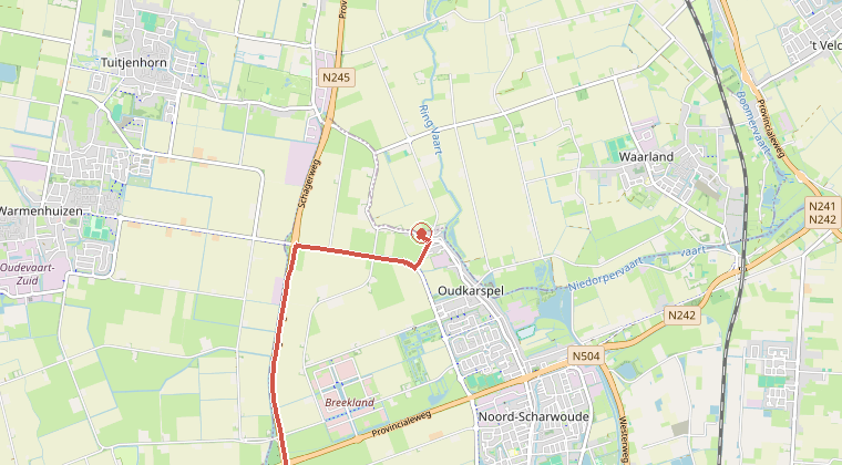Kaart van de omgeving van de melding, met de kazerne die is gealarmeerd