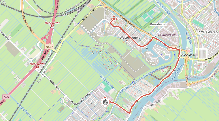 Kaart van de omgeving van de melding, met de kazerne die is gealarmeerd