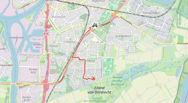 Kaart van de omgeving van de melding, met de kazerne die is gealarmeerd