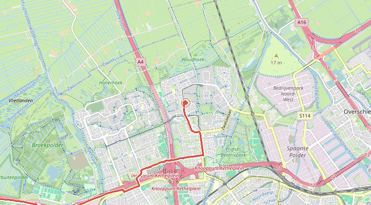Kaart van de omgeving van de melding, met de kazerne die is gealarmeerd