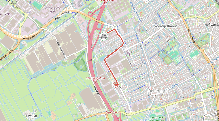 Kaart van de omgeving van de melding, met de kazerne die is gealarmeerd
