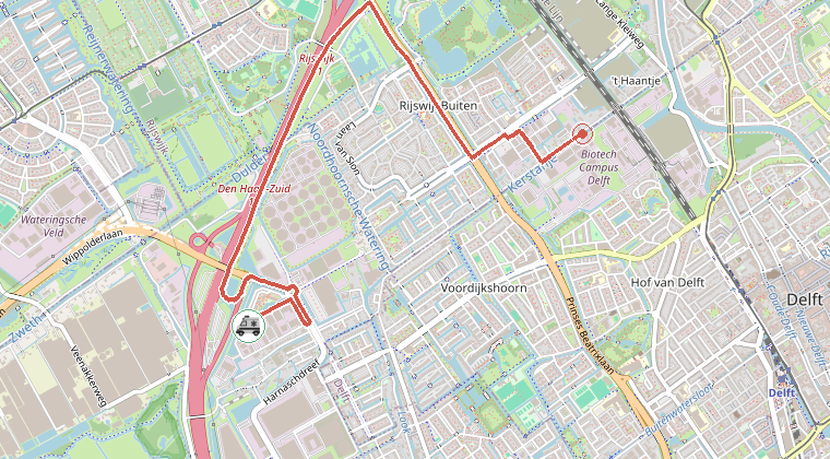 Kaart van de omgeving van de melding, met de kazerne die is gealarmeerd
