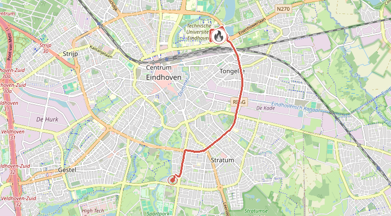 Kaart van de omgeving van de melding, met de kazerne die is gealarmeerd