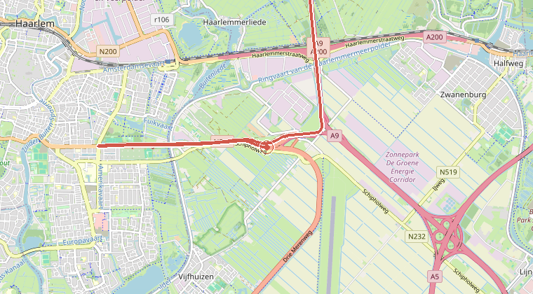Kaart van de omgeving van de melding, met de kazerne die is gealarmeerd