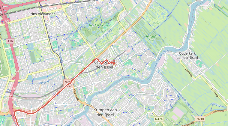 Kaart van de omgeving van de melding, met de kazerne die is gealarmeerd