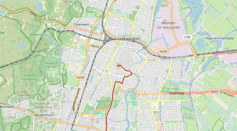 Kaart van de omgeving van de melding, met de kazerne die is gealarmeerd