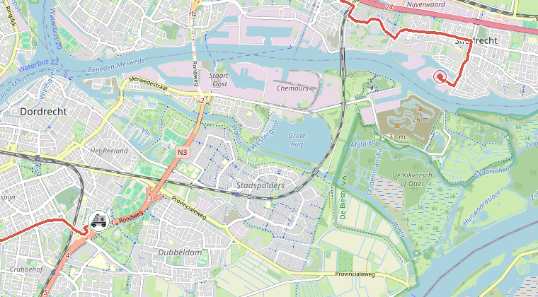 Kaart van de omgeving van de melding, met de kazerne die is gealarmeerd