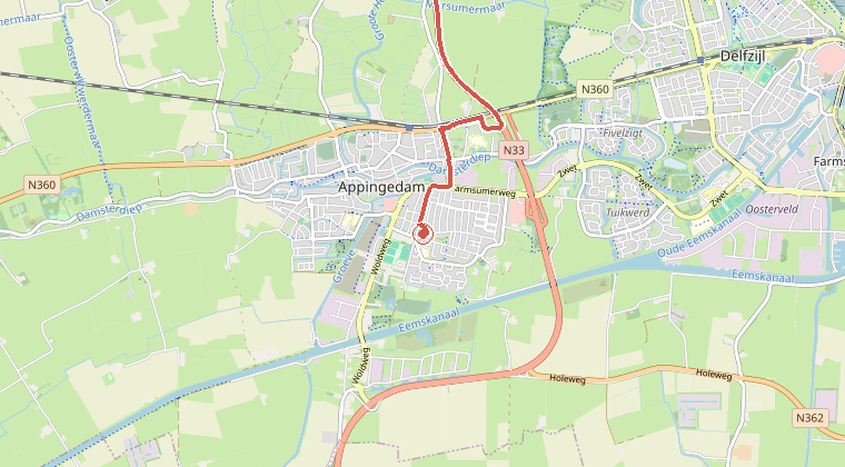 Kaart van de omgeving van de melding, met de kazerne die is gealarmeerd
