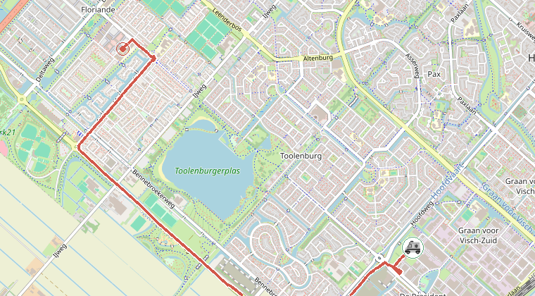 Kaart van de omgeving van de melding, met de kazerne die is gealarmeerd