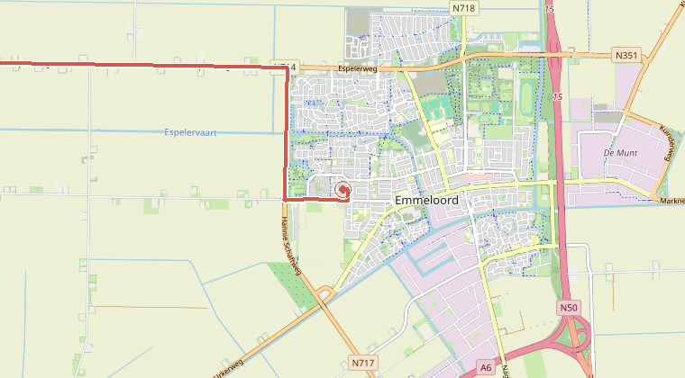 Kaart van de omgeving van de melding, met de kazerne die is gealarmeerd