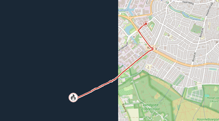 Kaart van de omgeving van de melding, met de kazerne die is gealarmeerd