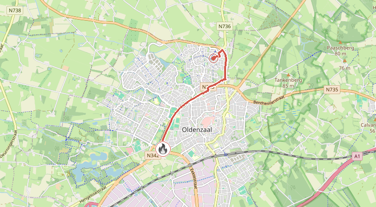 Kaart van de omgeving van de melding, met de kazerne die is gealarmeerd