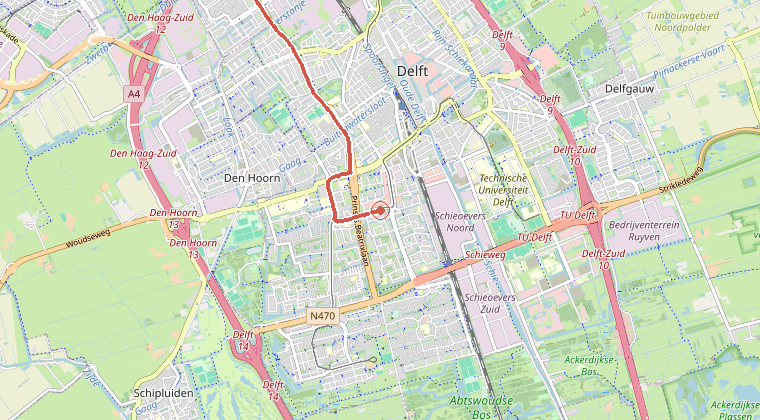 Kaart van de omgeving van de melding, met de kazerne die is gealarmeerd