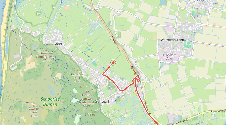 Kaart van de omgeving van de melding, met de kazerne die is gealarmeerd