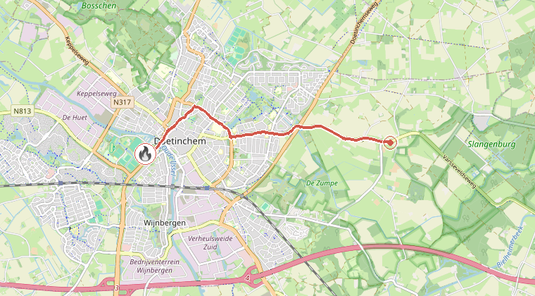 Kaart van de omgeving van de melding, met de kazerne die is gealarmeerd