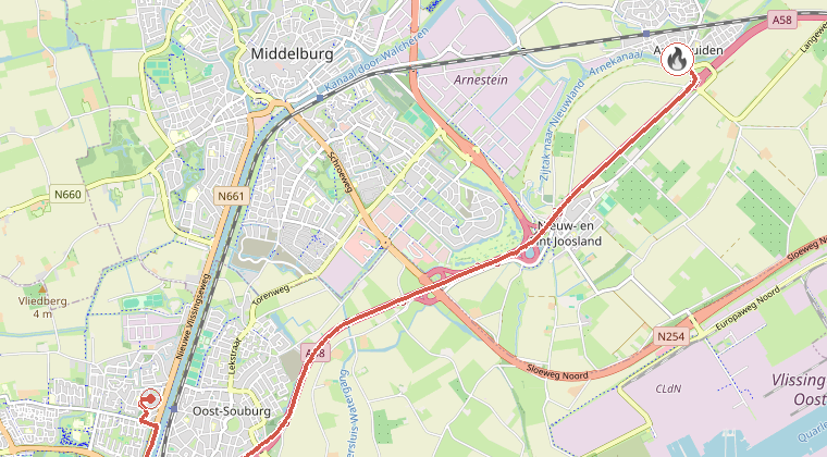 Kaart van de omgeving van de melding, met de kazerne die is gealarmeerd