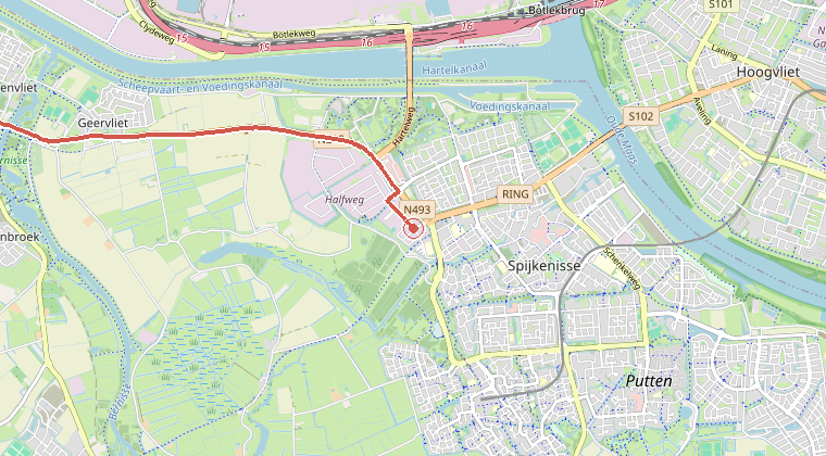 Kaart van de omgeving van de melding, met de kazerne die is gealarmeerd