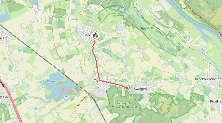 Kaart van de omgeving van de melding, met de kazerne die is gealarmeerd