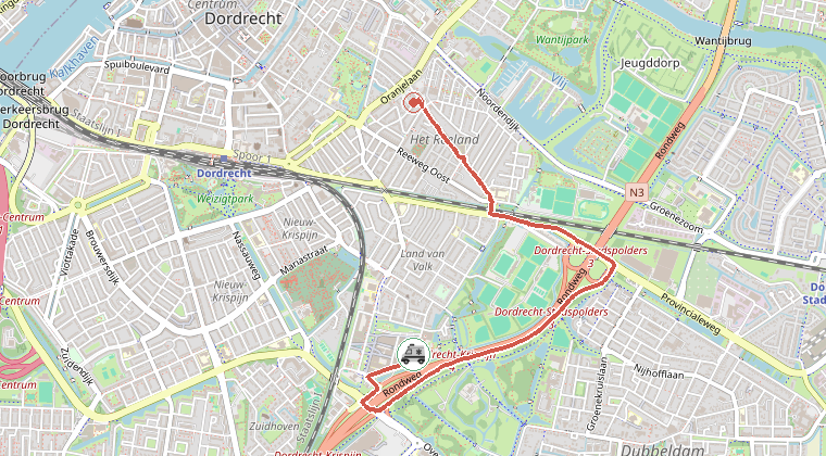 Kaart van de omgeving van de melding, met de kazerne die is gealarmeerd
