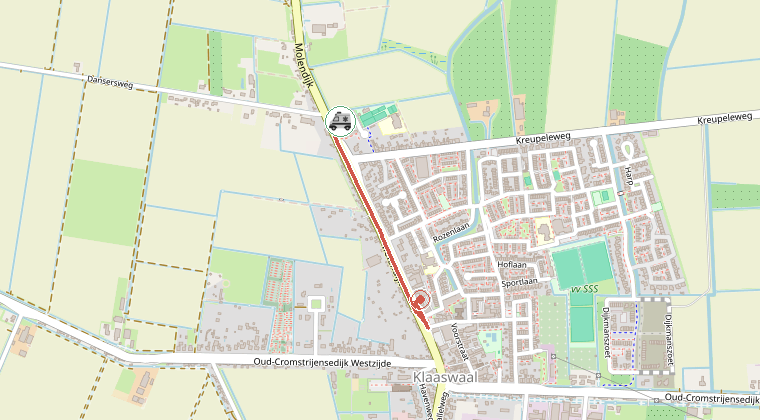 Kaart van de omgeving van de melding, met de kazerne die is gealarmeerd