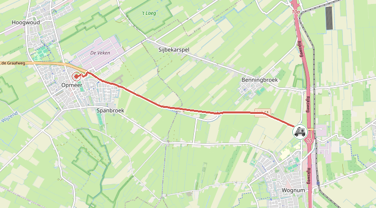 Kaart van de omgeving van de melding, met de kazerne die is gealarmeerd
