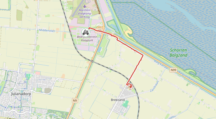 Kaart van de omgeving van de melding, met de kazerne die is gealarmeerd