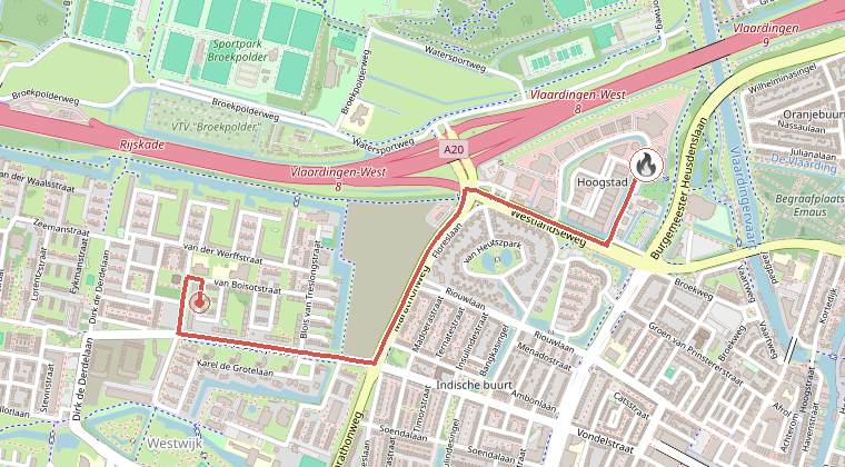Kaart van de omgeving van de melding, met de kazerne die is gealarmeerd