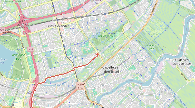 Kaart van de omgeving van de melding, met de kazerne die is gealarmeerd