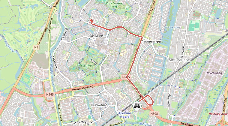 Kaart van de omgeving van de melding, met de kazerne die is gealarmeerd