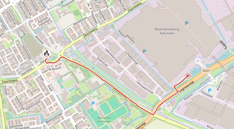 Kaart van de omgeving van de melding, met de kazerne die is gealarmeerd