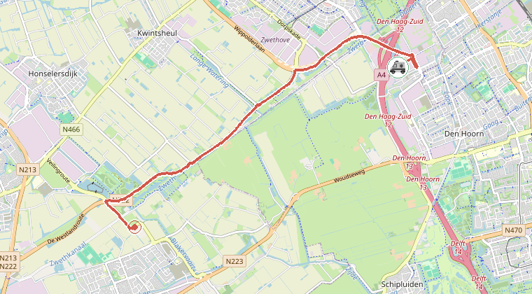 Kaart van de omgeving van de melding, met de kazerne die is gealarmeerd