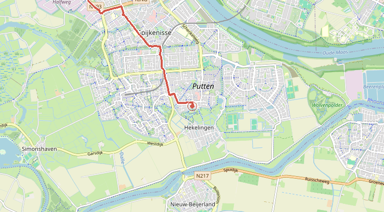 Kaart van de omgeving van de melding, met de kazerne die is gealarmeerd