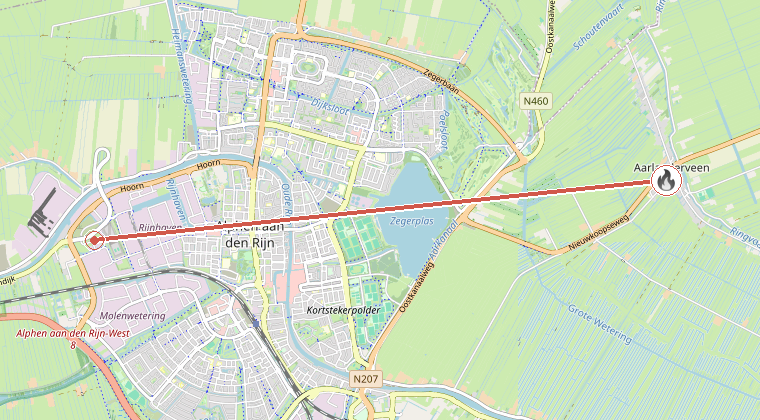 Kaart van de omgeving van de melding, met de kazerne die is gealarmeerd