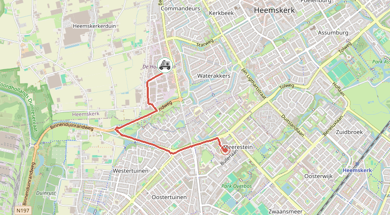 Kaart van de omgeving van de melding, met de kazerne die is gealarmeerd