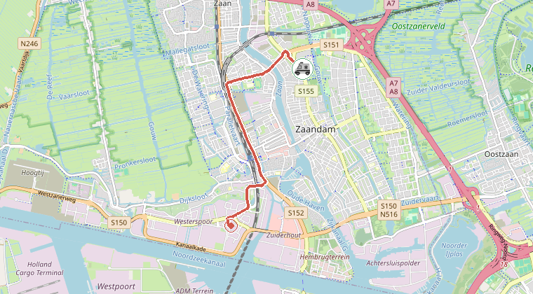 Kaart van de omgeving van de melding, met de kazerne die is gealarmeerd