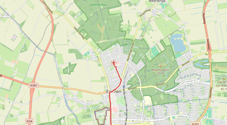 Kaart van de omgeving van de melding, met de kazerne die is gealarmeerd