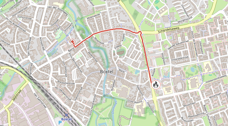 Kaart van de omgeving van de melding, met de kazerne die is gealarmeerd