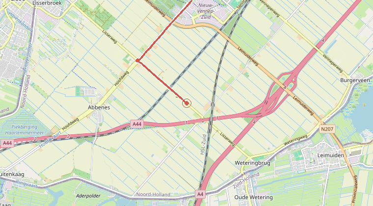 Kaart van de omgeving van de melding, met de kazerne die is gealarmeerd