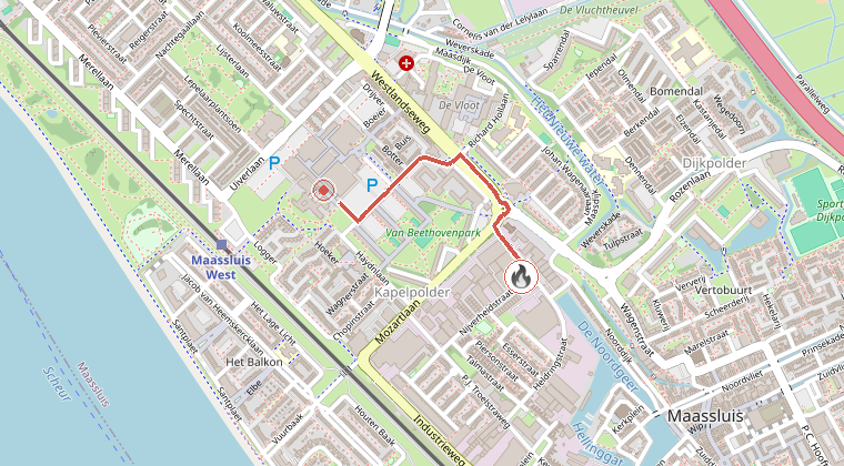 Kaart van de omgeving van de melding, met de kazerne die is gealarmeerd
