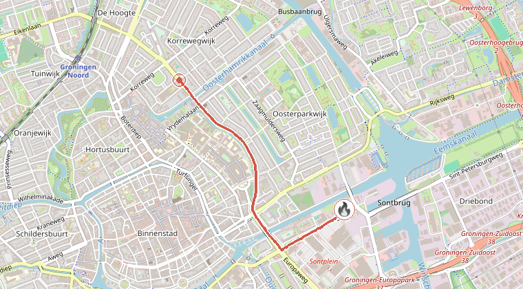 Kaart van de omgeving van de melding, met de kazerne die is gealarmeerd