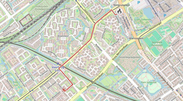 Kaart van de omgeving van de melding, met de kazerne die is gealarmeerd
