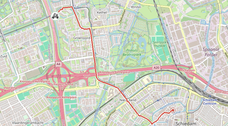 Kaart van de omgeving van de melding, met de kazerne die is gealarmeerd