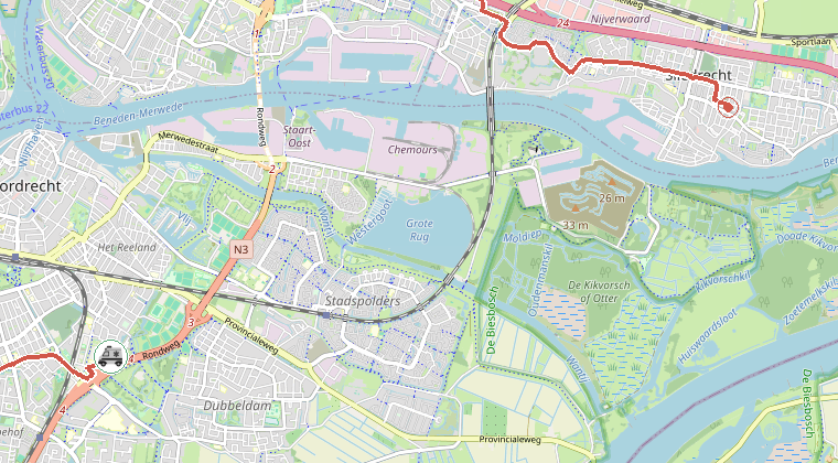 Kaart van de omgeving van de melding, met de kazerne die is gealarmeerd