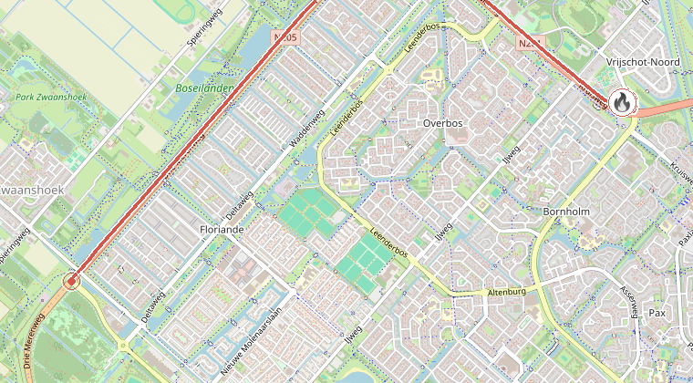 Kaart van de omgeving van de melding, met de kazerne die is gealarmeerd