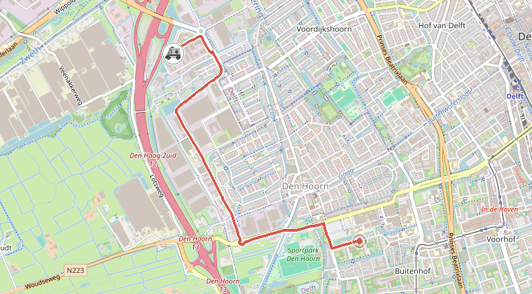 Kaart van de omgeving van de melding, met de kazerne die is gealarmeerd