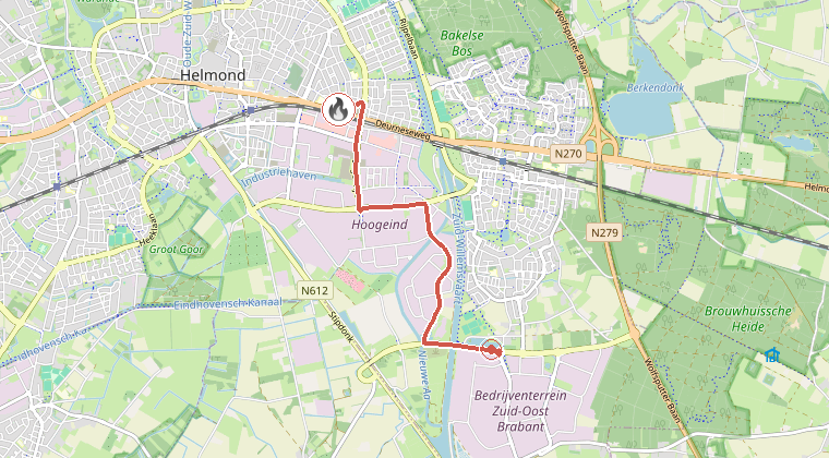 Kaart van de omgeving van de melding, met de kazerne die is gealarmeerd