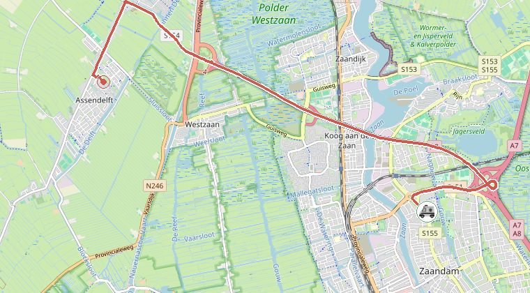 Kaart van de omgeving van de melding, met de kazerne die is gealarmeerd
