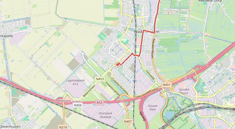 Kaart van de omgeving van de melding, met de kazerne die is gealarmeerd